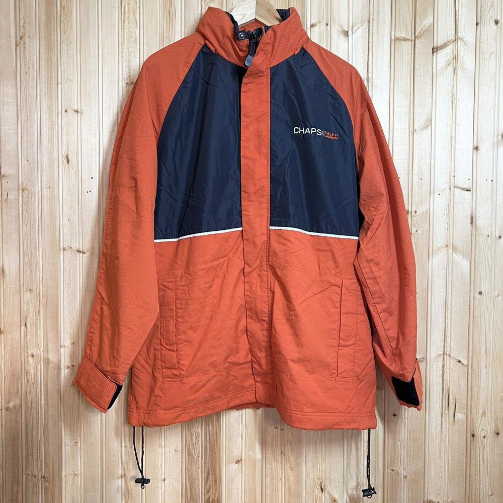 Ralph Lauren CHAPS Color Block spellout Rain Coat Jacket Orange Navy Mens Sz M